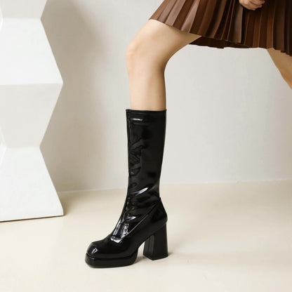 Glossy Square Toe Side Zippers Block Chunky Heel Platform Mid-Calf Boots for Women