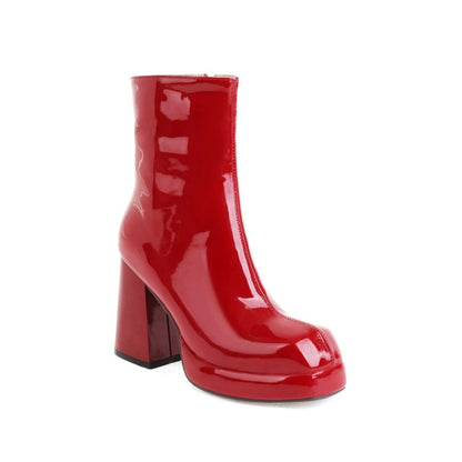 Glossy Square Toe Back Zippers Block Chunky Heel Platform Short Boots for Women