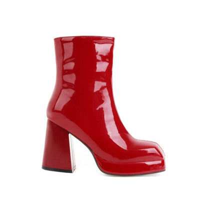 Glossy Square Toe Back Zippers Block Chunky Heel Platform Short Boots for Women