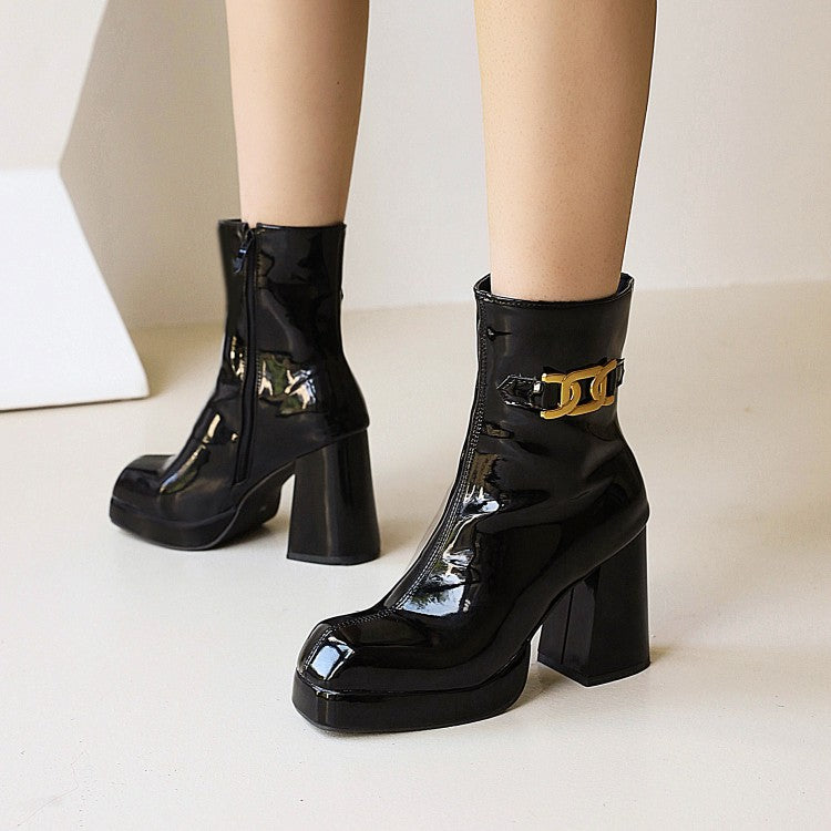 Glossy Square Toe Side Zippers Block Chunky Heel Platform Short Boots for Women