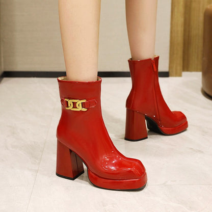 Glossy Square Toe Side Zippers Block Chunky Heel Platform Short Boots for Women