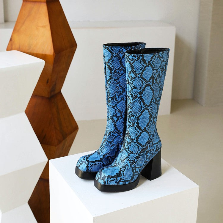 Snake Printed Square Toe Side Zippers Block Chunky Heel Platform Mid-Calf Boots for Women