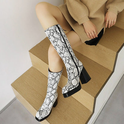 Snake Printed Square Toe Side Zippers Block Chunky Heel Platform Mid-Calf Boots for Women