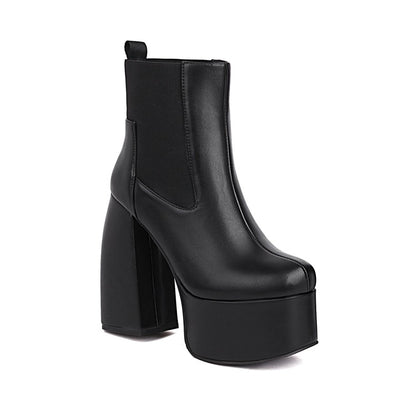 Glossy Stretch Block Chunky Heel Platform Ankle Boots for Women