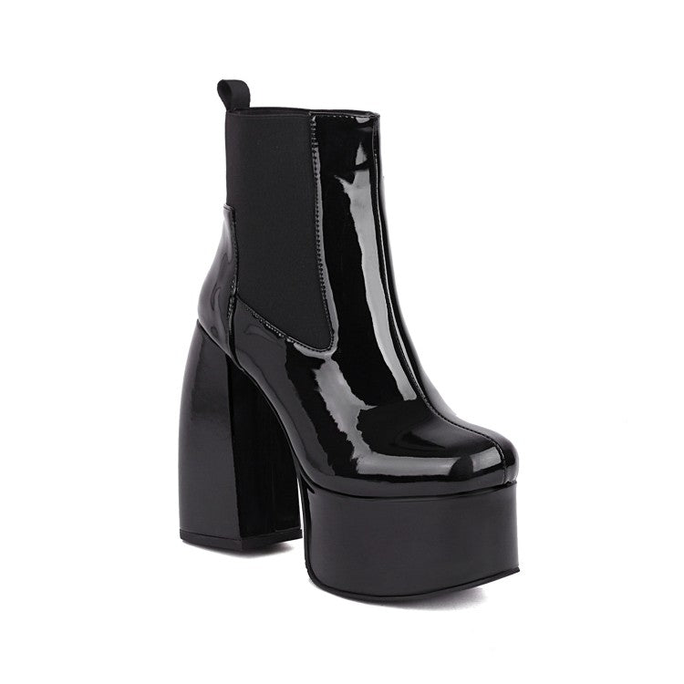 Glossy Stretch Block Chunky Heel Platform Ankle Boots for Women