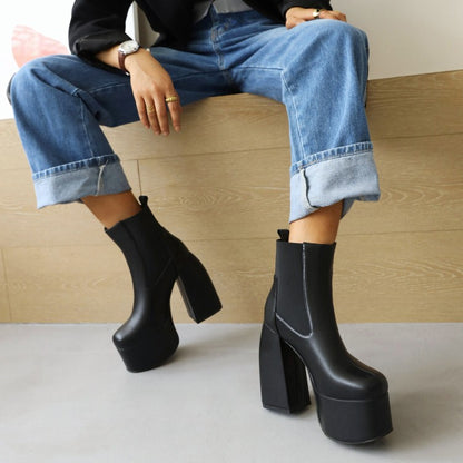 Glossy Stretch Block Chunky Heel Platform Ankle Boots for Women