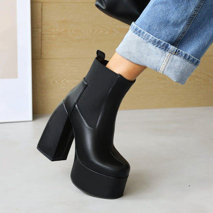 Glossy Stretch Block Chunky Heel Platform Ankle Boots for Women