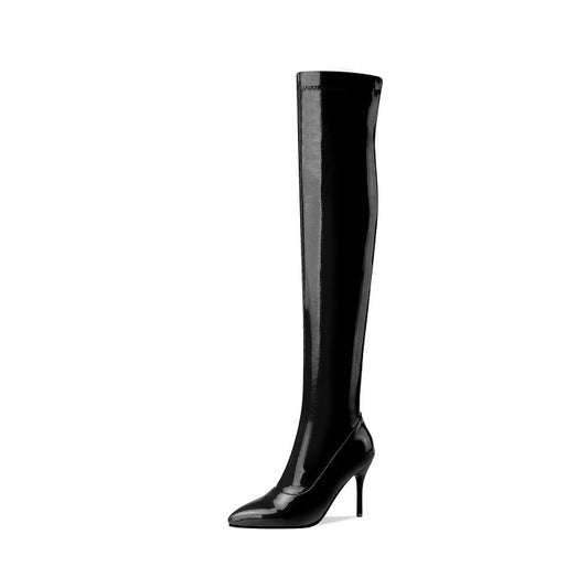 Glossy Pointed Toe Side Zippers Stiletto Heel Over the Knee Boots for Women