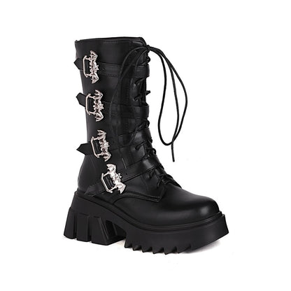 Glossy Metal Buckle Straps Lace Up Block Chunky Heel Platform Mid-calf Boots for Women