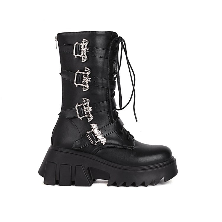 Glossy Metal Buckle Straps Lace Up Block Chunky Heel Platform Mid-calf Boots for Women