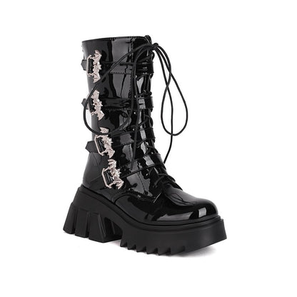 Glossy Metal Buckle Straps Lace Up Block Chunky Heel Platform Mid-calf Boots for Women