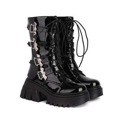 Glossy Metal Buckle Straps Lace Up Block Chunky Heel Platform Mid-calf Boots for Women