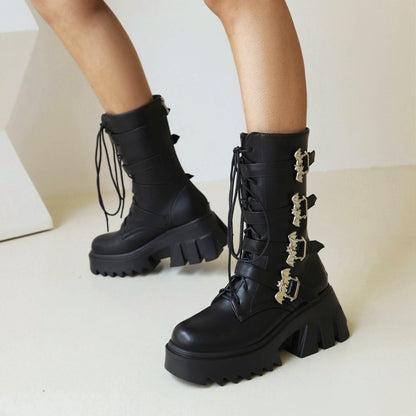 Glossy Metal Buckle Straps Lace Up Block Chunky Heel Platform Mid-calf Boots for Women