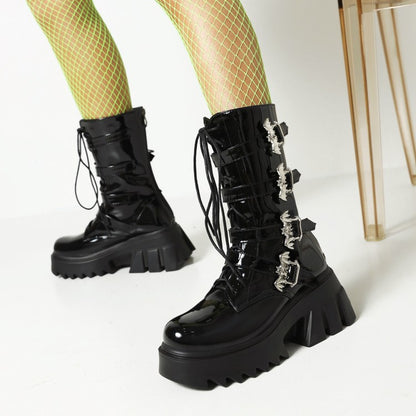 Glossy Metal Buckle Straps Lace Up Block Chunky Heel Platform Mid-calf Boots for Women