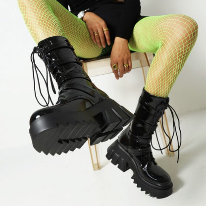 Glossy Metal Buckle Straps Lace Up Block Chunky Heel Platform Mid-calf Boots for Women