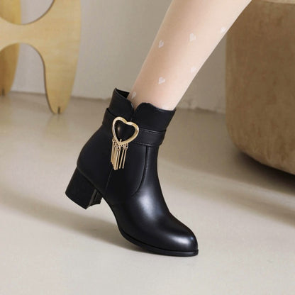 Pu Leather Side Zippers Love Hearts Buckle Straps Tassel Block Chunky Heel Short Boots for Women