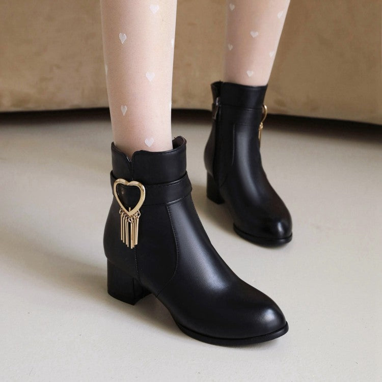 Pu Leather Side Zippers Love Hearts Buckle Straps Tassel Block Chunky Heel Short Boots for Women