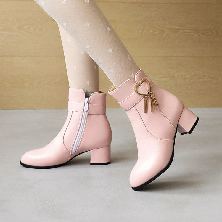 Pu Leather Side Zippers Love Hearts Buckle Straps Tassel Block Chunky Heel Short Boots for Women