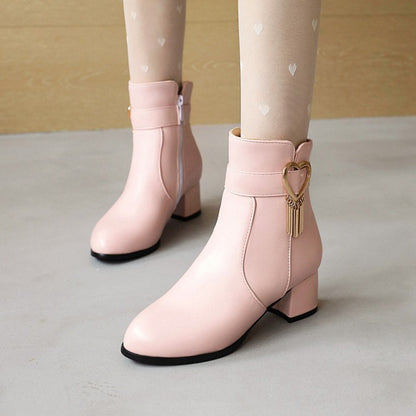 Pu Leather Side Zippers Love Hearts Buckle Straps Tassel Block Chunky Heel Short Boots for Women