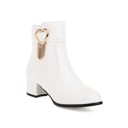 Pu Leather Side Zippers Love Hearts Buckle Straps Tassel Block Chunky Heel Short Boots for Women