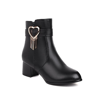 Pu Leather Side Zippers Love Hearts Buckle Straps Tassel Block Chunky Heel Short Boots for Women