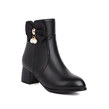 Pu Leather Side Zippers Bow Tie Pearls Block Heel Short Boots for Women