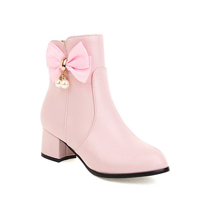 Pu Leather Side Zippers Bow Tie Pearls Block Heel Short Boots for Women