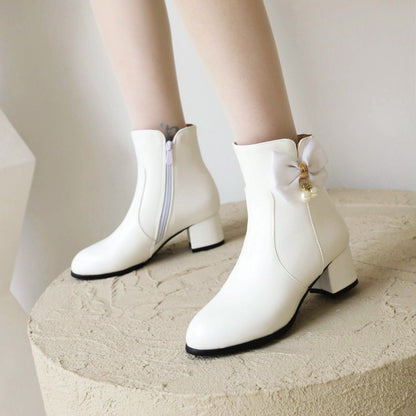 Pu Leather Side Zippers Bow Tie Pearls Block Heel Short Boots for Women