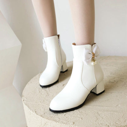 Pu Leather Side Zippers Bow Tie Pearls Block Heel Short Boots for Women