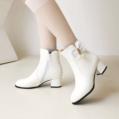 Pu Leather Side Zippers Bow Tie Pearls Block Heel Short Boots for Women