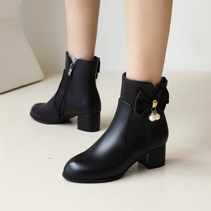 Pu Leather Side Zippers Bow Tie Pearls Block Heel Short Boots for Women