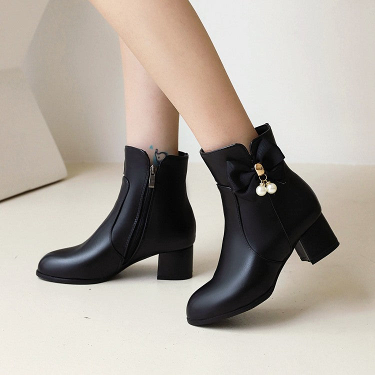 Pu Leather Side Zippers Bow Tie Pearls Block Heel Short Boots for Women