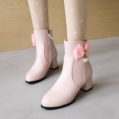 Pu Leather Side Zippers Bow Tie Pearls Block Heel Short Boots for Women