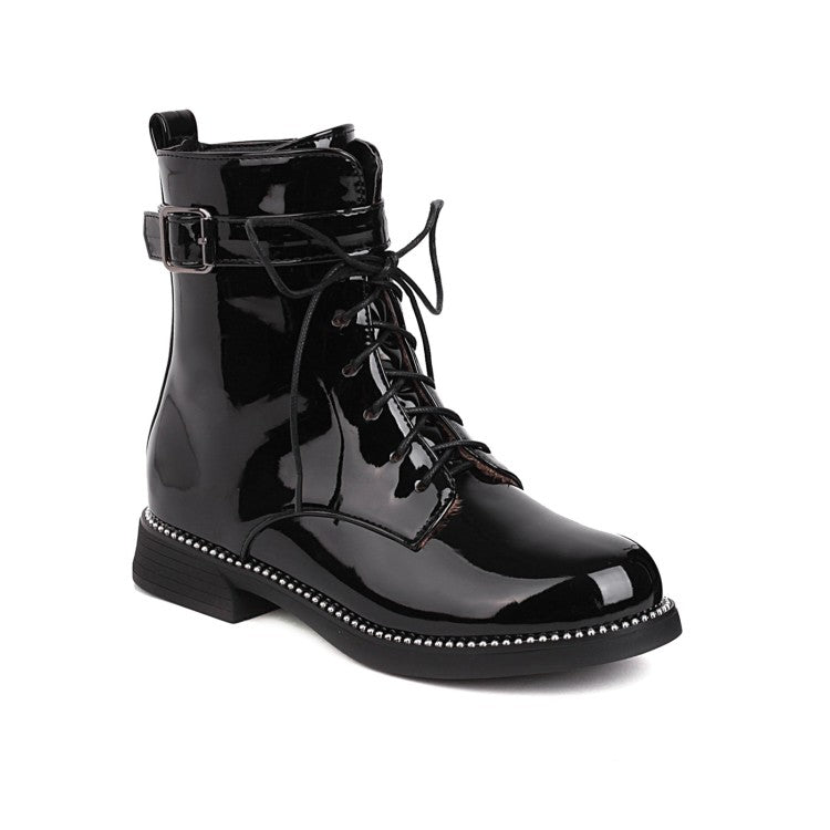 Glossy Round Toe Lace Up Buckle Straps Stitch Short Boots for Women