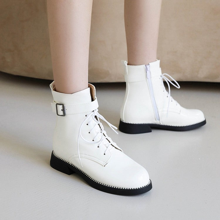 Glossy Round Toe Lace Up Buckle Straps Stitch Short Boots for Women