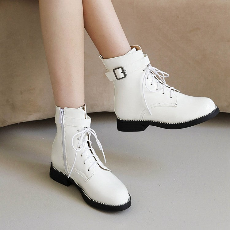 Glossy Round Toe Lace Up Buckle Straps Stitch Short Boots for Women