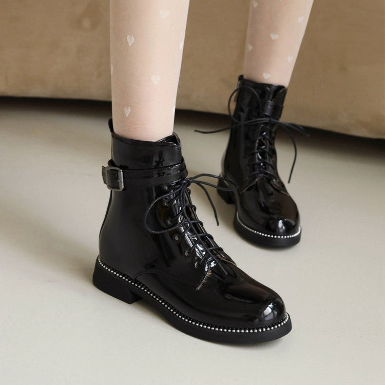 Glossy Round Toe Lace Up Buckle Straps Stitch Short Boots for Women