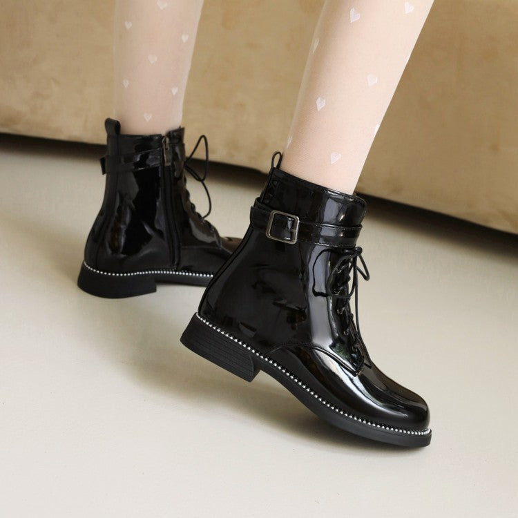 Glossy Round Toe Lace Up Buckle Straps Stitch Short Boots for Women