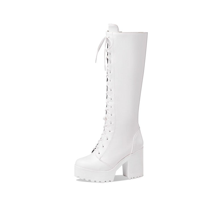Lace Up Block Heel Platform Mid Calf Boots for Women