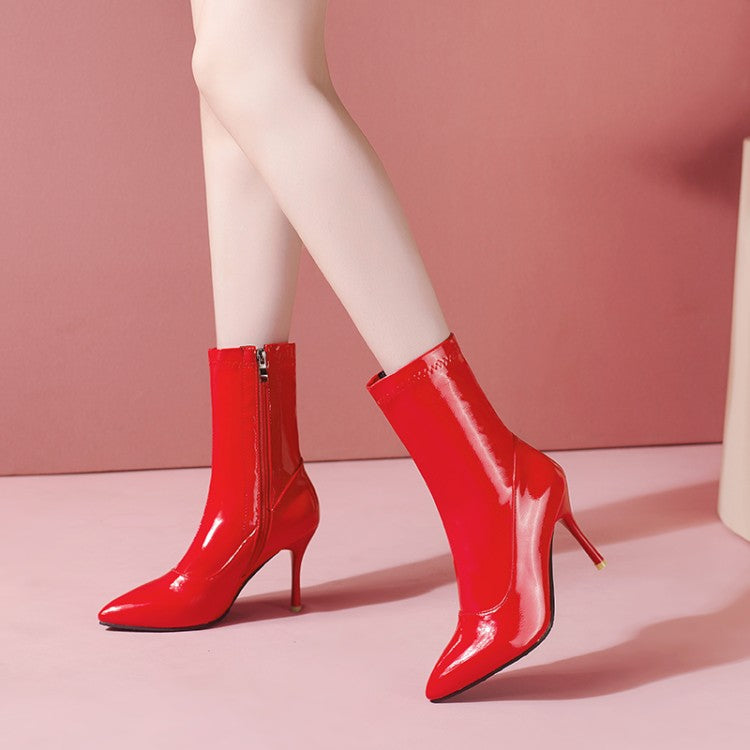 Pointed Toe Side Zippers Stiletto Heel Mid Calf Boots for Women