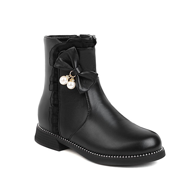 Pu Leather Round Toe Lace Side Zippers Pearls Bow Tie Short Boots for Women