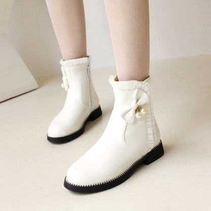 Pu Leather Round Toe Lace Side Zippers Pearls Bow Tie Short Boots for Women