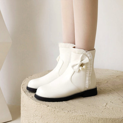 Pu Leather Round Toe Lace Side Zippers Pearls Bow Tie Short Boots for Women