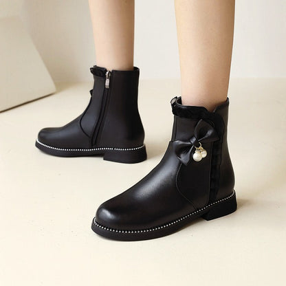 Pu Leather Round Toe Lace Side Zippers Pearls Bow Tie Short Boots for Women