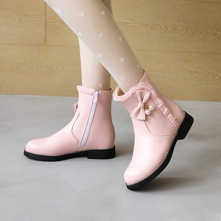 Pu Leather Round Toe Lace Side Zippers Pearls Bow Tie Short Boots for Women