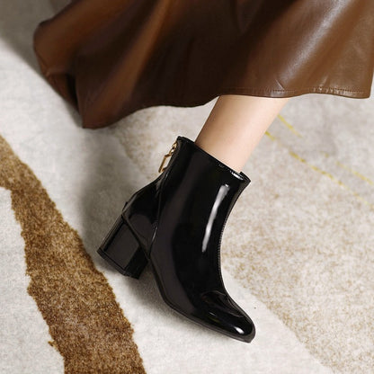 Round Toe Back Zippers Block Chunky Heel Short Boots for Women