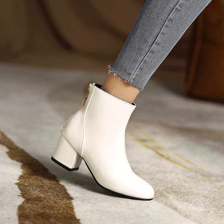 Round Toe Back Zippers Block Chunky Heel Short Boots for Women