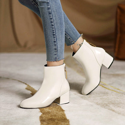 Round Toe Back Zippers Block Chunky Heel Short Boots for Women