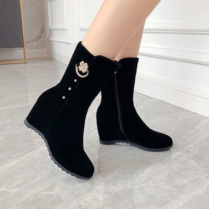 Flock Round Toe Metal Rhinestone Side Zippers Inside Heighten Platform Ankle Boots for Women