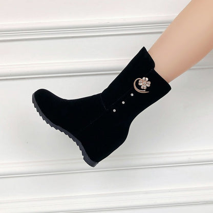 Flock Round Toe Metal Rhinestone Side Zippers Inside Heighten Platform Ankle Boots for Women